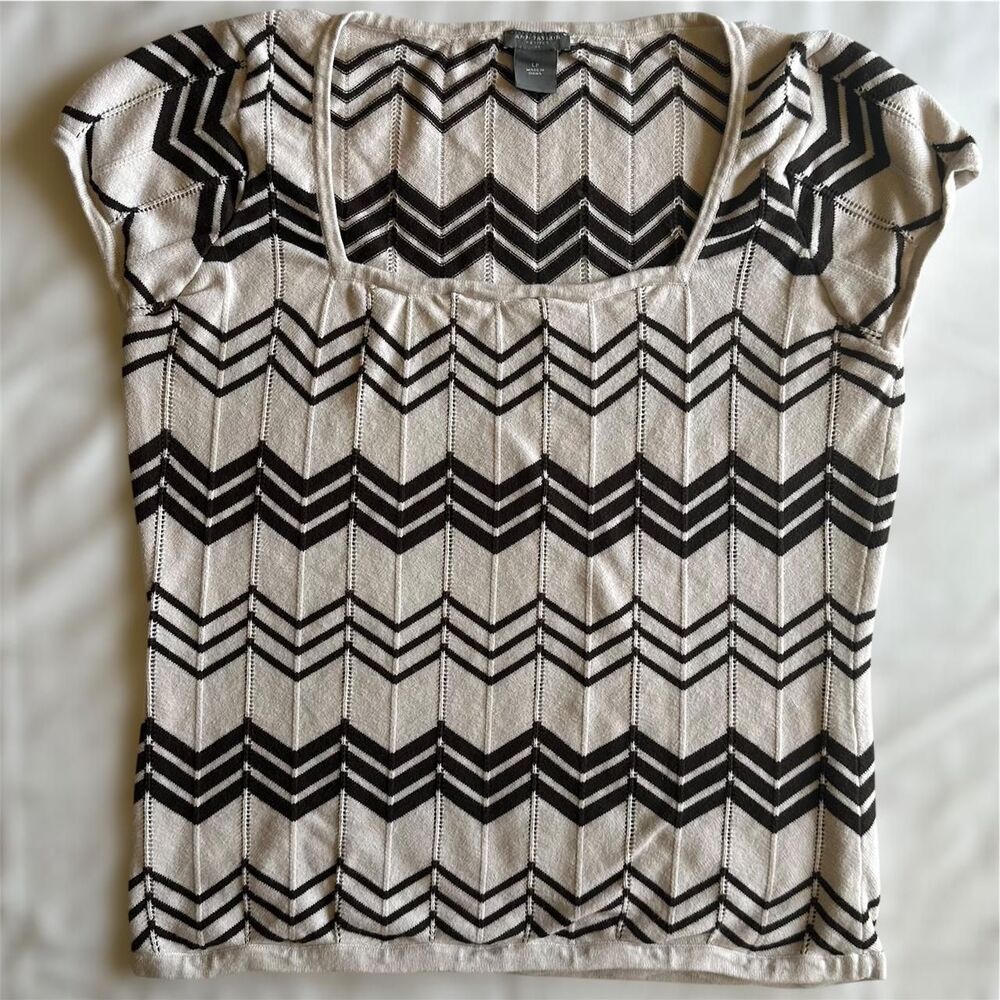 Ann Taylor White & Brown Chevron Square Neck Short‎ Sleeve Sweater Sz PL Twee